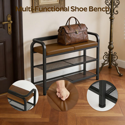 Banc de rangement pour chaussures avec dossier et siège rembourré, banc de rangement à chaussures à 2 niveaux pour vestibule, vestibule ou chambre à coucher