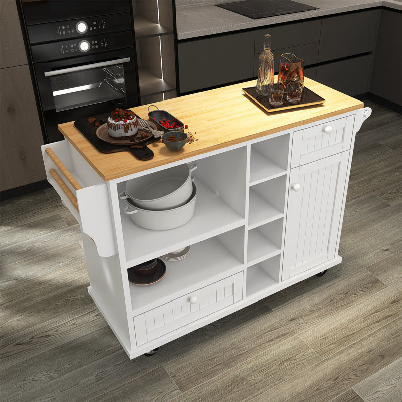 Kitchen Island Cart With Storage Cabinet And Two Locking Wheels, White