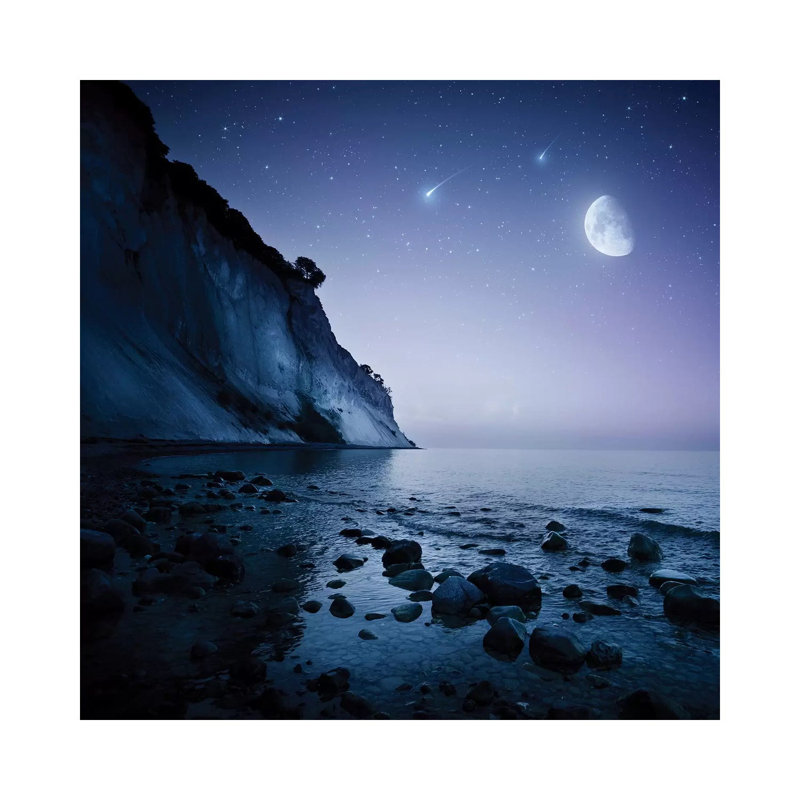 Rising Moon over Ocean and Mountains Against Starry Sky 1 Piece Wrapped Canvas Wall Art, 30.48 cm H x 30.48 cm W