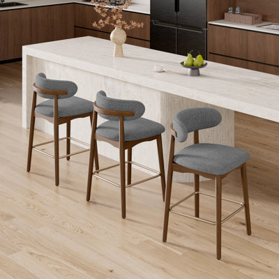 Modern Upholstered Counter Height Bar Stool With Back, Non-swivel, Solid Rubberwood Legs And Bronze Metal Footrest