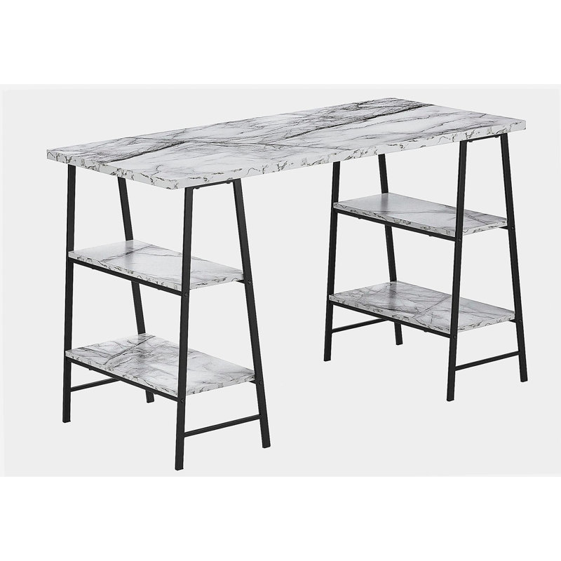 Bureau d'ordinateur, bureau personnel, ordinateur portable, tablettes de rangement, bureau de 48 po, stratifié aspect marbre blanc, métal noir, contemporain, moderne