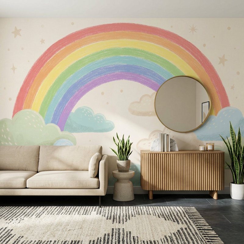 Papier peint pastel arc-en-ciel nuages dessinés à la main, Peler et coller, 200 po x 120 po