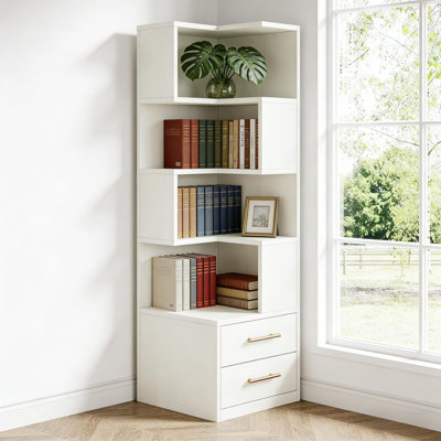 Bibliothèques à 5 niveaux peu encombrantes, bois d'ingénierie en métal, conception moderne en forme de L pour le rangement en coin