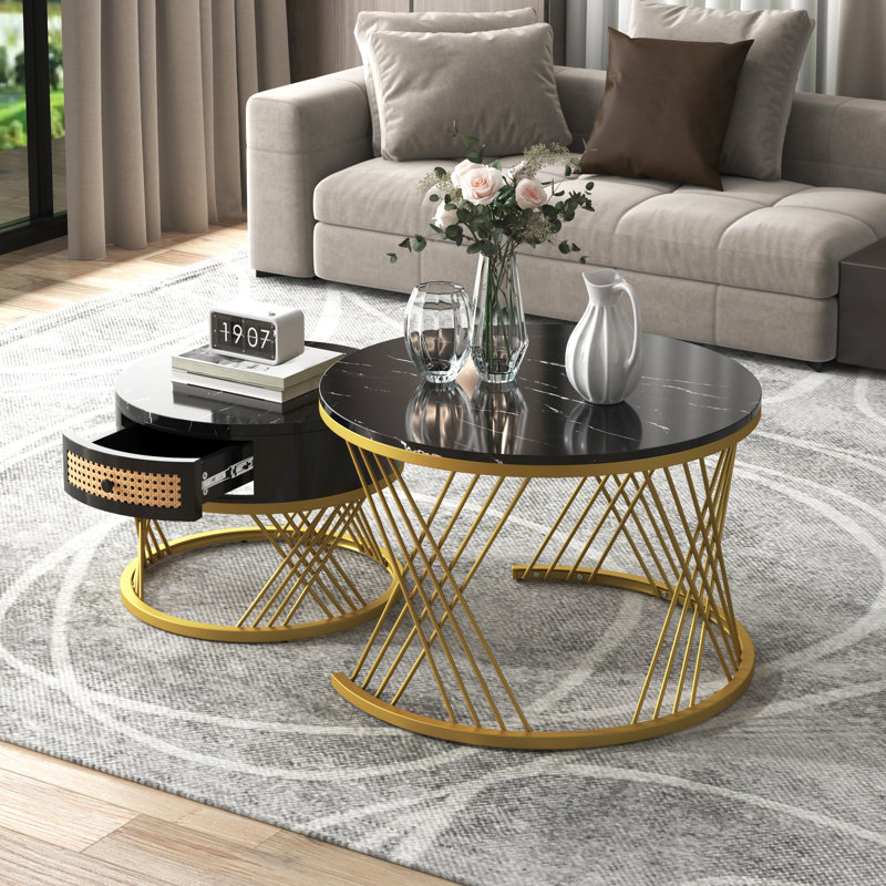 Round Nesting Coffee Table Set Marble Effect Rattan Drawer Gold Metal Legs Side End Units Living Room Lounge Base, Black & Gold