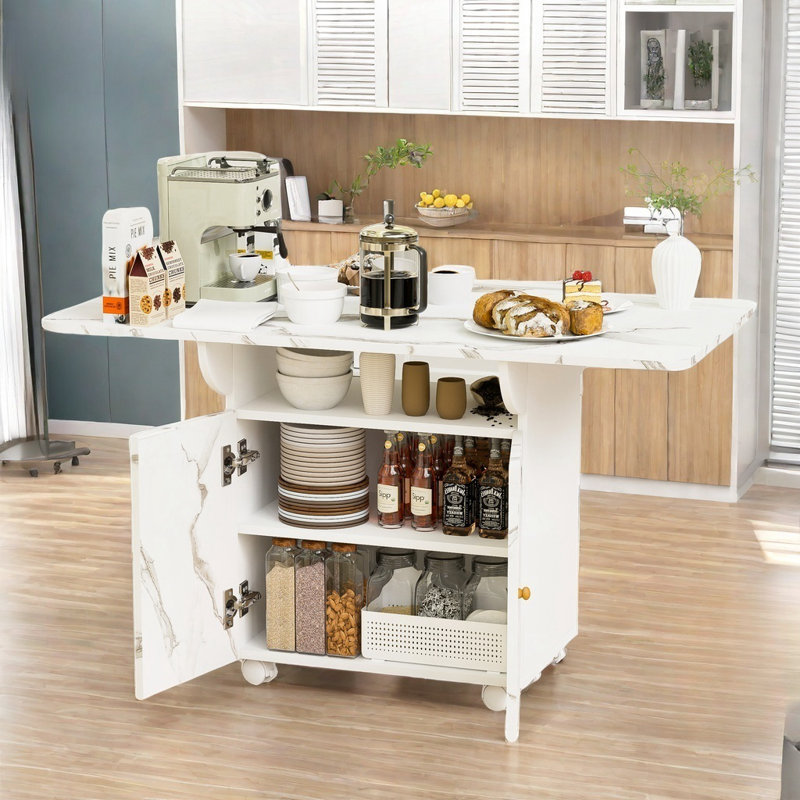 Table de salle à manger pliante avec 6 roulettes, support de rangement, armoire et texture marbre