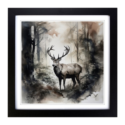 Stag In A Forest Ink No.1 - Single Picture Frame Print on Wood