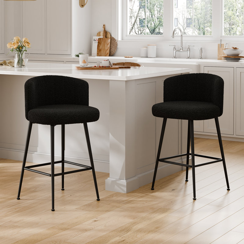 27.2" Upholstered Bar & Counter Stool with Back, 360° Swivel Modren Stools, Black Boucle, Black