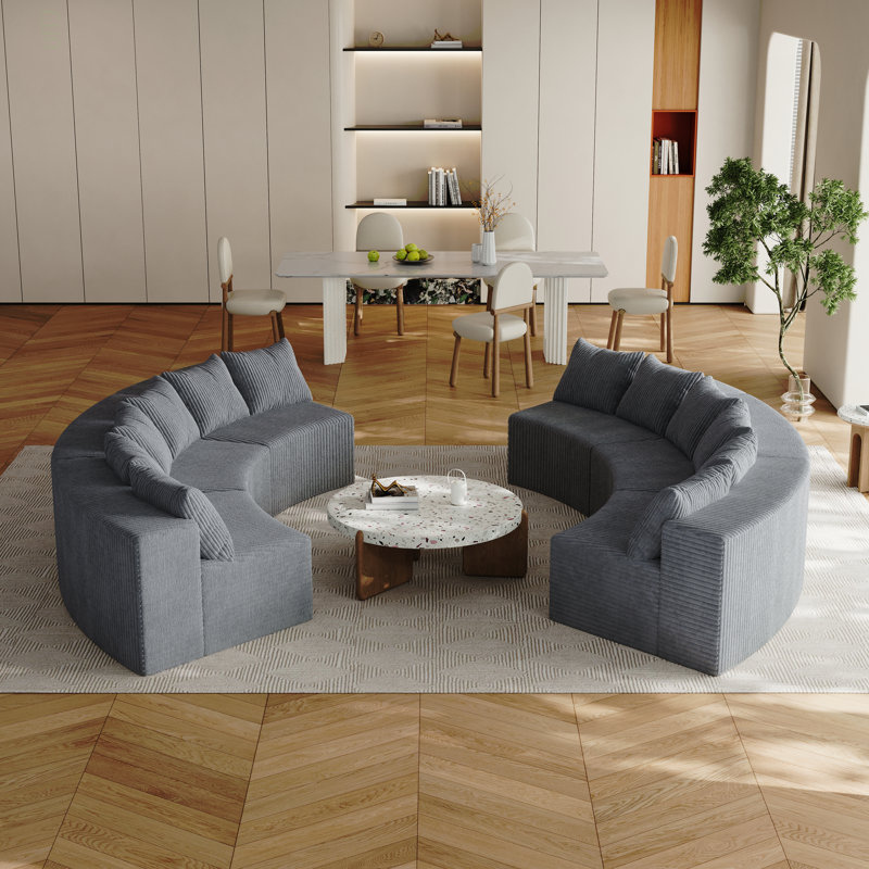 Canapé modulaire incurvé en mousse avec 12 coussins Corduroy, Velours côtelé gris