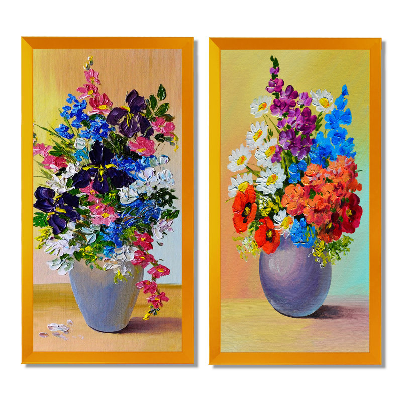 «Still Life Summer Flowers Bouquet II», ensemble de 2 peintures sur toiles, 20" H x 24" W x 1" D, Cadre photo doré