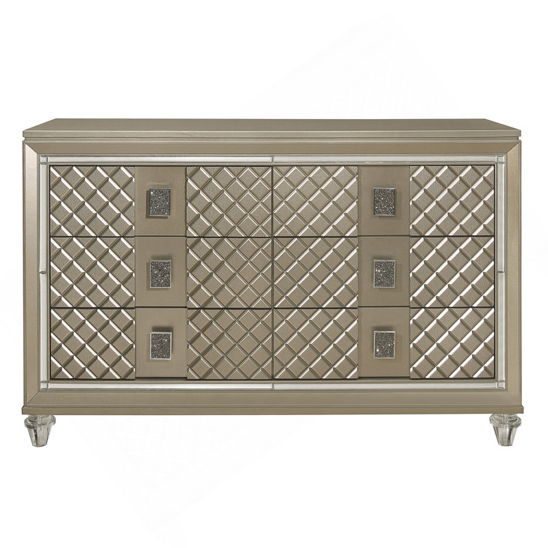 Finition champagne glamour 1Pc Commode de 6 tiroirs Pieds en acrylique Chambre de luxe Miroir biseauté