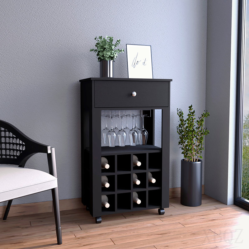 Bar Cart, Twelve Built-in Wine Rack, Four Legs, One Open Shelf - Black, 34.9" H x 14" W x 23.6" D