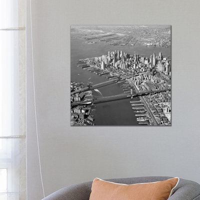 1950s Aerial Of Downtown Manhattan East And Hudson Rivers Meet In Harbor Brooklyn And Manhattan Bridges by Vintage Images - Wrapped Canvas Gallery-Wrapped Canvas Giclée