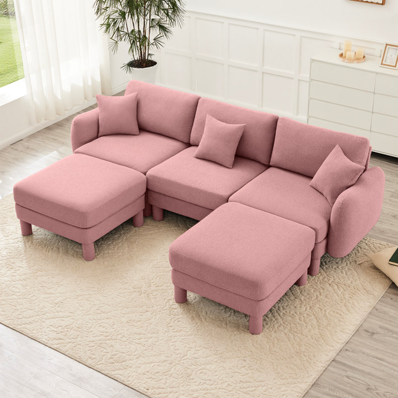 Pink, Boucle Fabric, 3, U Shape Sectional, Shell-Shaped , Movable Ottomans, Cylindrical Legs, Home Decor Sectional 3 Pink Couch In Featuring Distinctive 2 Ottomans And Self Wrapped For Long-Term Use