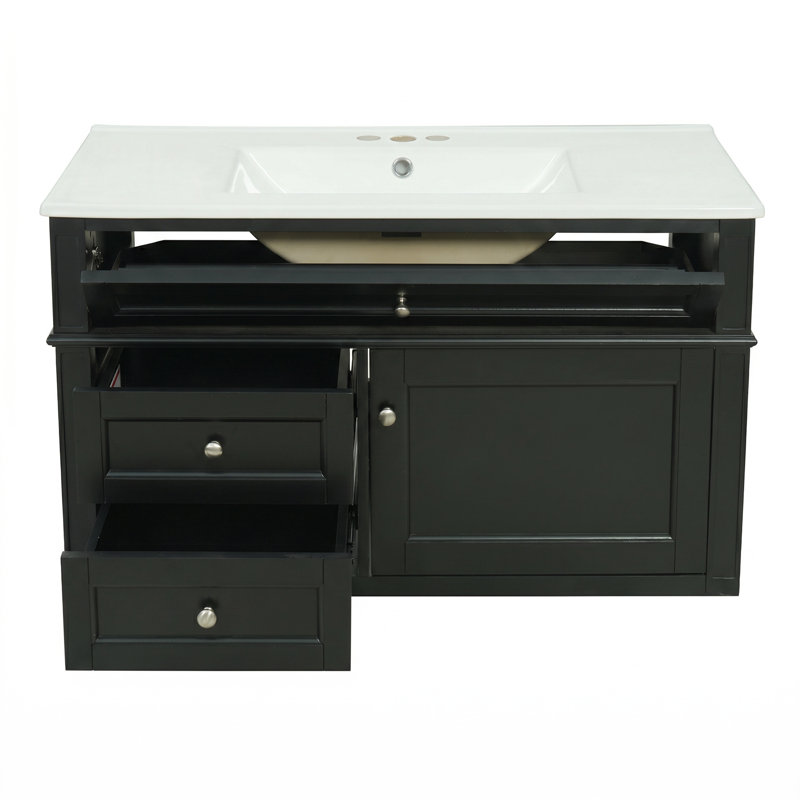 Meuble-lavabo mural en bois aggloméré 36 po à fermeture en douceur intégré avec tiroirs et lavabo simple en céramique à 3 trous 36 po