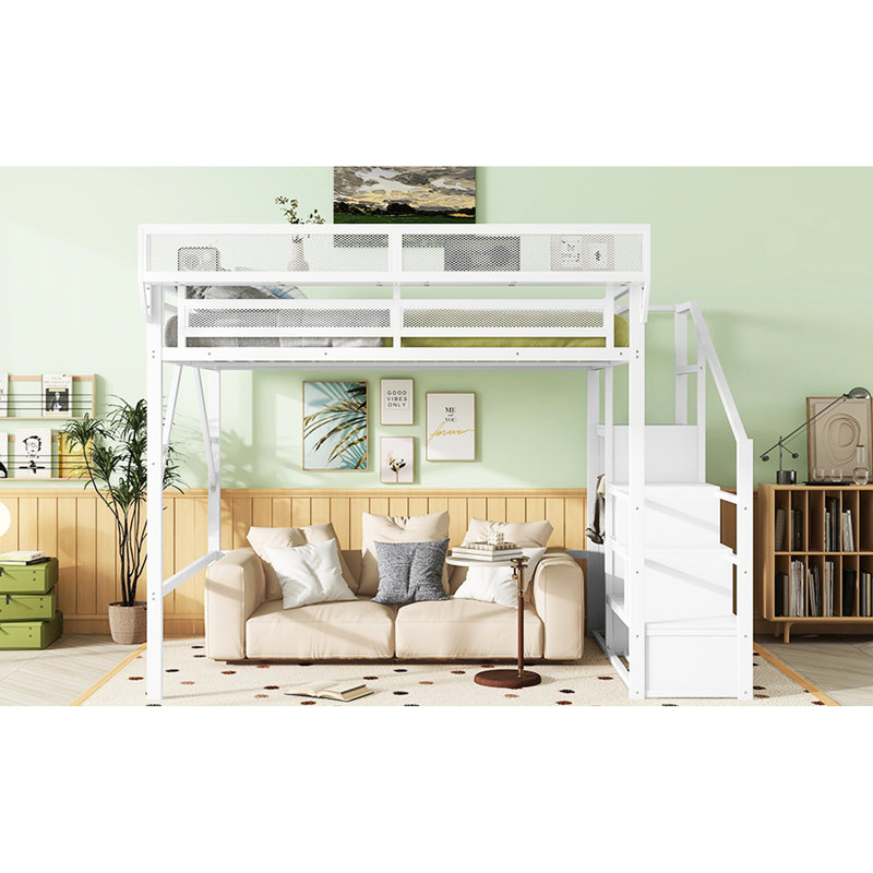 Lit mezzanine en métal avec escalier, rangement et garde-robe encastré en métal, blanc, conception stable, capacité de poids de 400 lb, sous la surface de 54,3 po pour les petites chambres de grande taille, support de tablettes, espace polyvalent