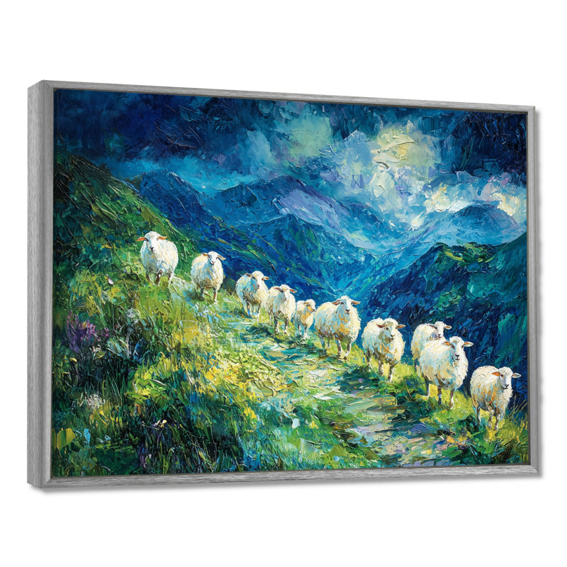 Gerbert Mountain Path of Sheep Family - Sheep, art mural, H 30 po x l 40 po, Impression encadrée flottante, Argent argent