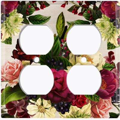 Metal Light Switch Plate Outlet Cover (Flower Rose Red White 4 - Double Duplex)