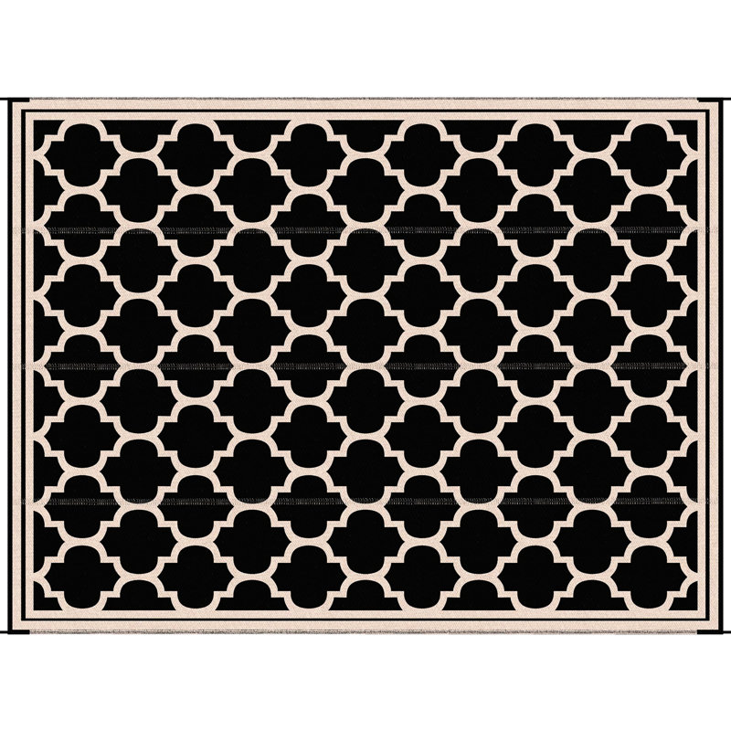 Reversible Backyard Mat, 9' X 12', Waterproof Outdoor Camping Rug With Carry Bag, For Deck, Picnic, Beach, Black Portable Patio Mat Carpet, Backyard, Polypropylene