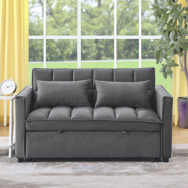 Eiri 55'' Wide Convertible Velvet Sleeper Square Arm Sofa Bed with Reclining Backrest and 2 Throw Pillows, Dark Gray