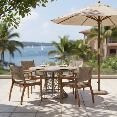 Table de salle à manger d'extérieur durable - plateau rond en bois d'acacia et base en osier, table de patio brun pour 4 à 6, mobilier d'extérieur de jardin (compatible avec les chaises assorties)