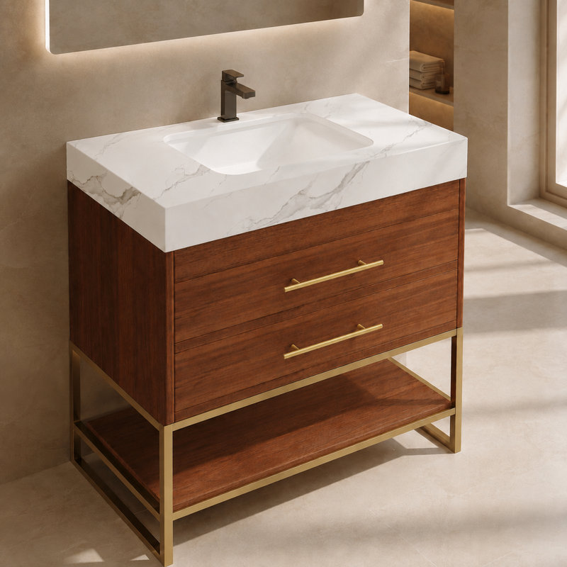 Meuble-lavabo simple autoportant en noyer de 76 cm (30 po) avec lavabo en céramique, comptoir en pierre frittée veinée blanche et tablette ouverte