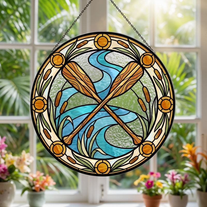 Panneau de vitrail en verre coloré Crossed Paddles ， 7,8H, H 7,8 po