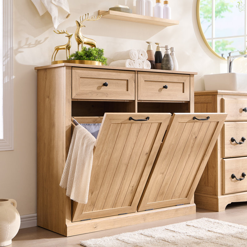 Tilt-out Dual Laundry Hamper Cabinet with with 2 Drawers,20 Gallon Farmhouse Laundry Storage Basket for Bathroom(Includes 2pc laundry basket.)