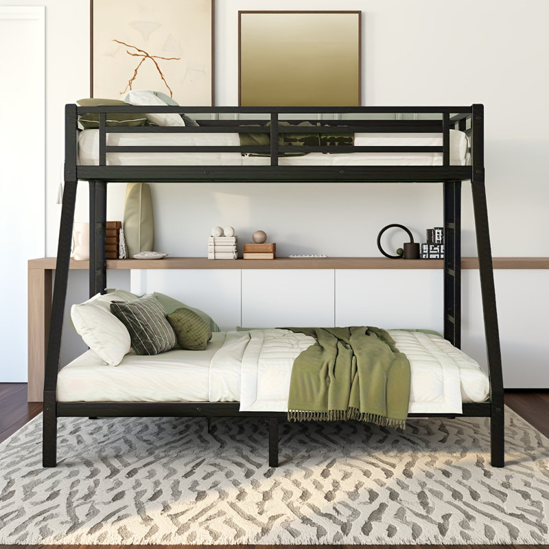 Lit superposé simple au-dessus de grand lit simple en métal pour les adolescents et les adultes, structure robuste peu encombrante avec dégagement sous le lit et 2 échelles latérales, aucun sommier requis, bruit réduit, noir