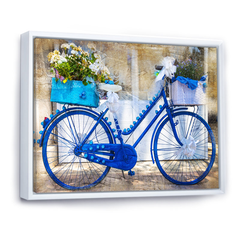 Vélo rétro bleu avec fleurs - Impression sur toile, H 16 po x l 32 po, Cadre flottant blanc