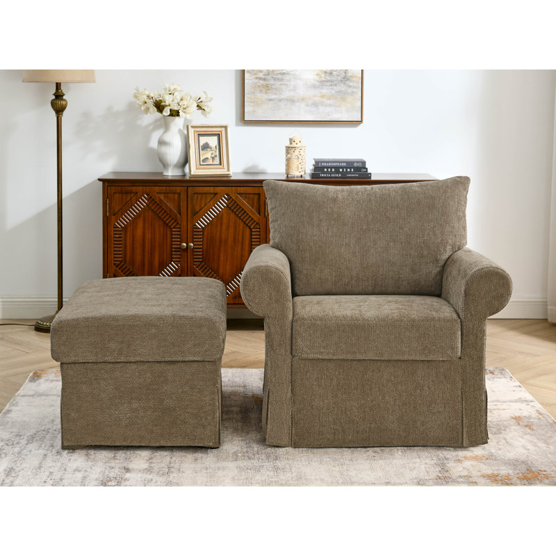 Amos 35.8" Chenille Upholstered Armchair with Storage Ottoman – Cozy 2-Piece Living Room Set, Brown