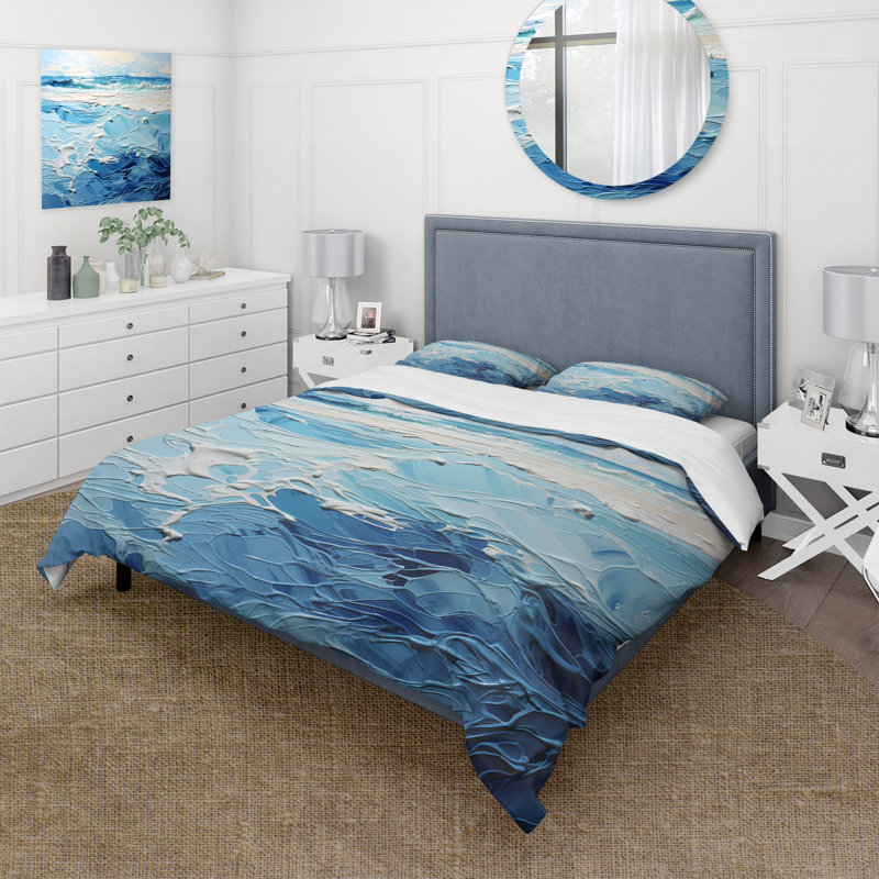 Ensemble de housse de couette bleu et blanc Modern Waves Of The Coast II - Coastal Minimalisme