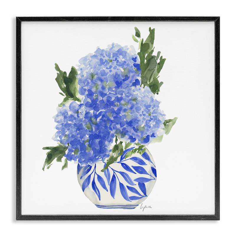 Hortensias bleus dans un vase à feuilles, estampe numérique, conception de Lucille Price, H 17 po x l 17 po