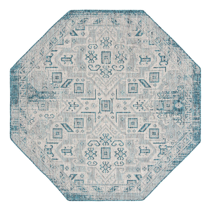 Tapis bleu sarcelle intérieur / extérieur Amhlaidh Southwestern, Octogone 7 pi 10 po x 7 pi 10 po