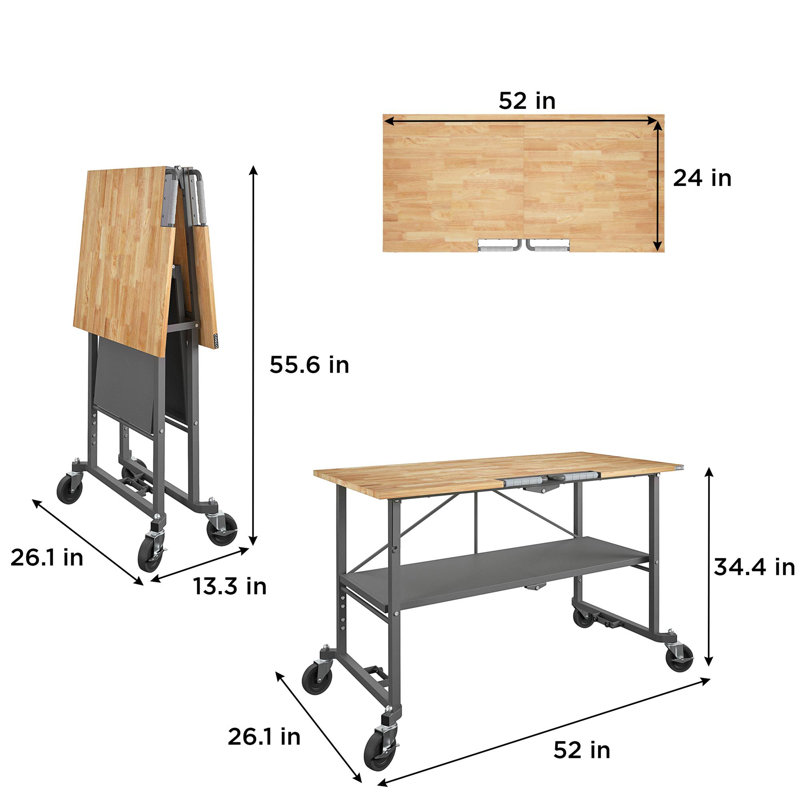 SmartFold Butcher Block Portable Workbench / Folding Utility Table (Grey Steel Frame)
