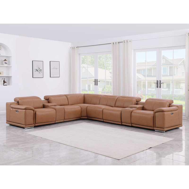 Canapé modulaire inclinable symétrique en cuir italien Guaymas, Cuir véritable cognac