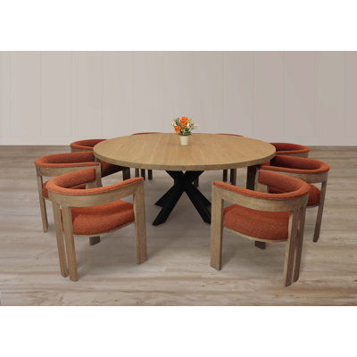 Logan 72" 9-Piece Dining Set With 8 Trish Dining Chairs In Rust Orange Boucle Linen Fabric