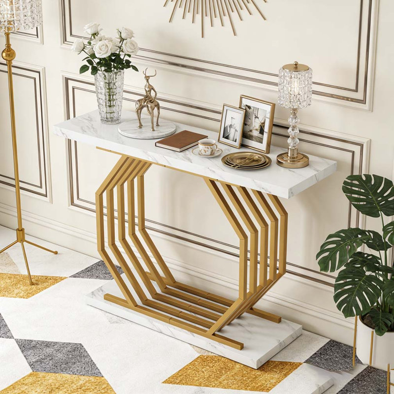 Faux Marble Console Table Accent Sofa Table with Geometric Metal Base, White & Gold
