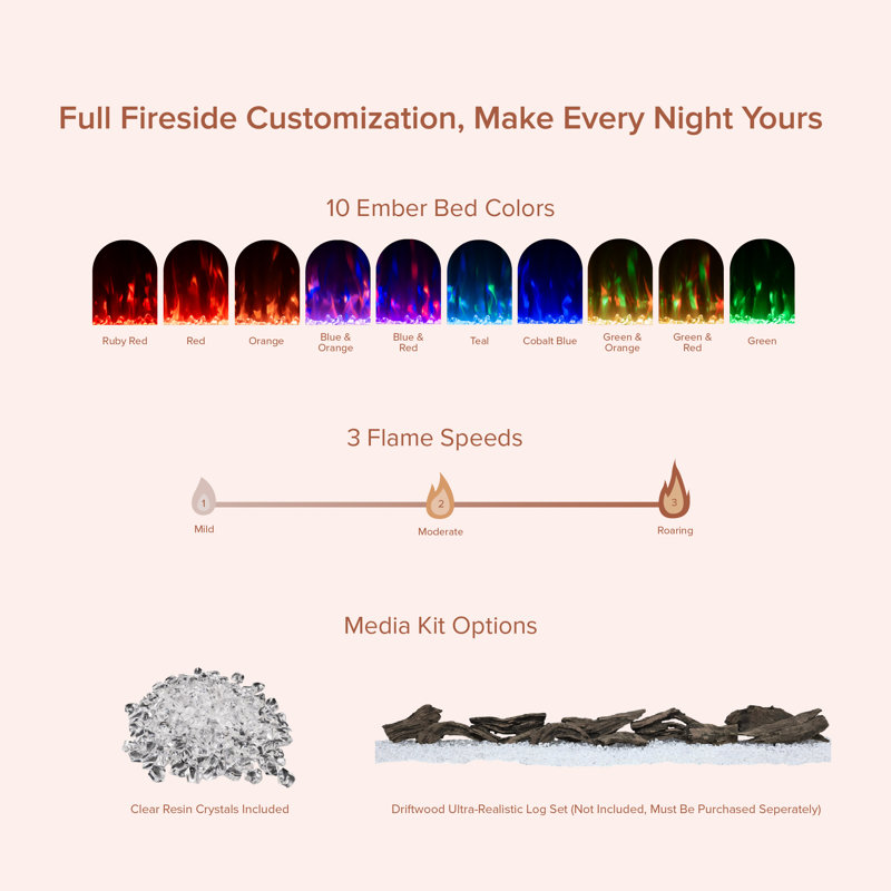 Vibrance Recessed or Wall Mounted Electric Fireplace Heater, Multi-Flame Colors, Voice Assistant Compatible, Logs & Crystals, Remote Control