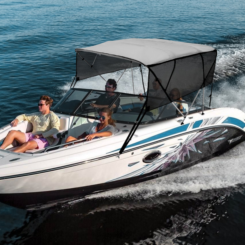 Light Gray 4 Bow Bimini Top Boat Cover with Mesh Sidewalls and Aluminum Frame