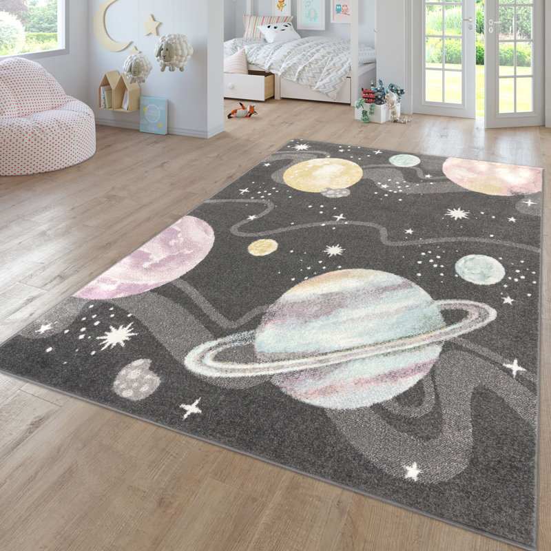Arielly Kids Rug With Planets And Stars In Pastel Colors, Rectangle 7'10" x 11'2", Gray