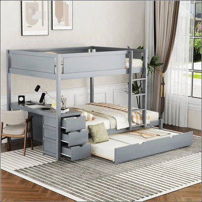 Pine Wood Bunk Bed with Twin Trundle, Under-Desk Storage Drawers & USB Power Outlet, Full-Length Guardrail Safety Bunk Bed Frame for Bedroom