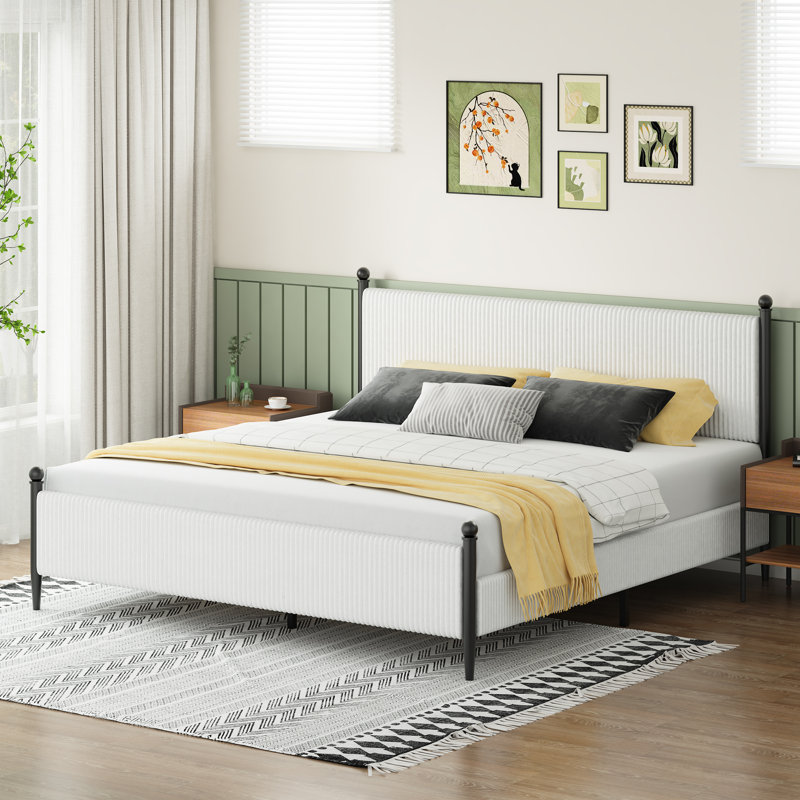 corduroy Velvet Upholstered Metal Platform Bed,with Headboard, King