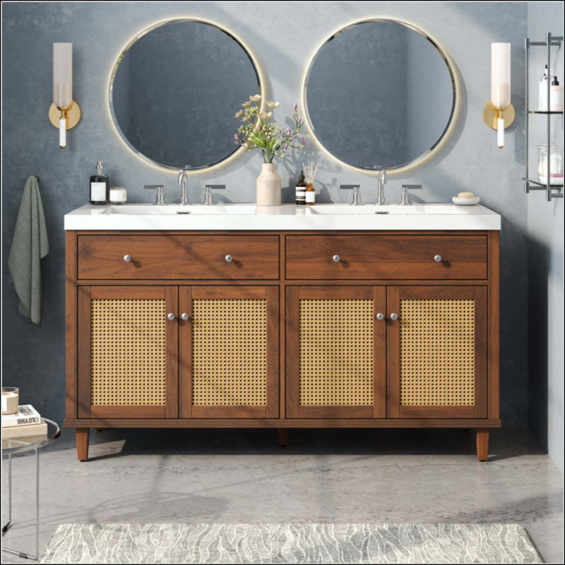 Meuble-lavabo double lavabo de 152 cm avec lavabo en SMC, grand espace de rangement avec plateaux rabattables et portes en rotin à fermeture douce, pieds en pin massif pour salle de bain principale et salle de bain pour invités