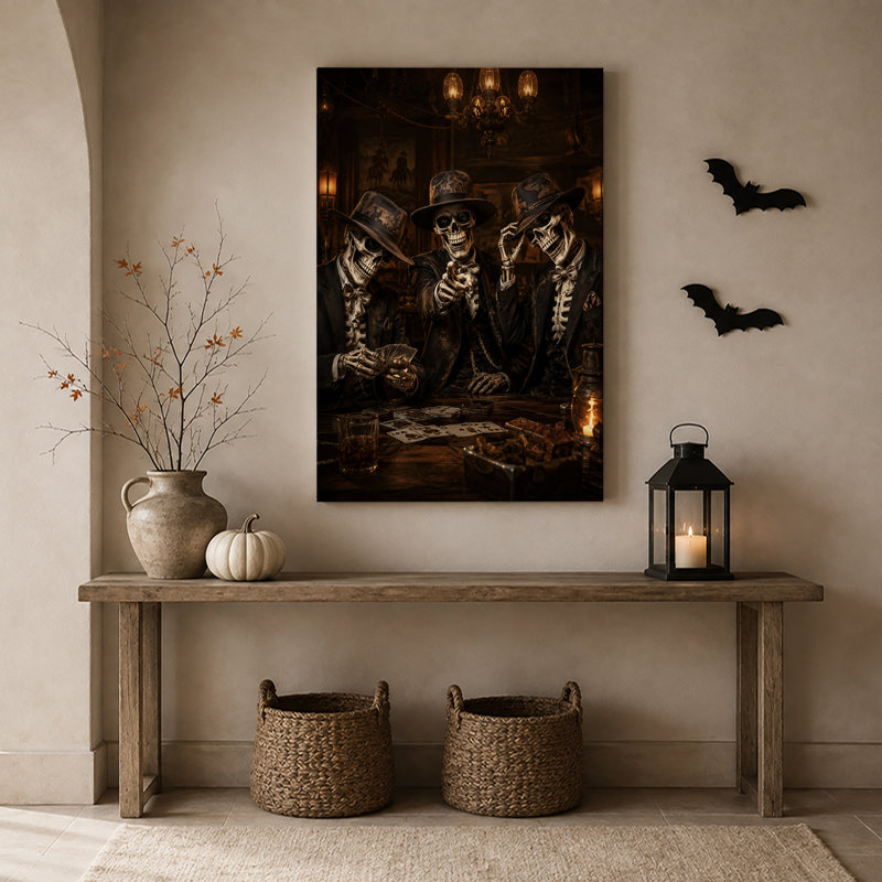 «Three Skeletons in Suits Jeu de cartes dans Saloon», art mural sur toile, H 30 po x l 20 po