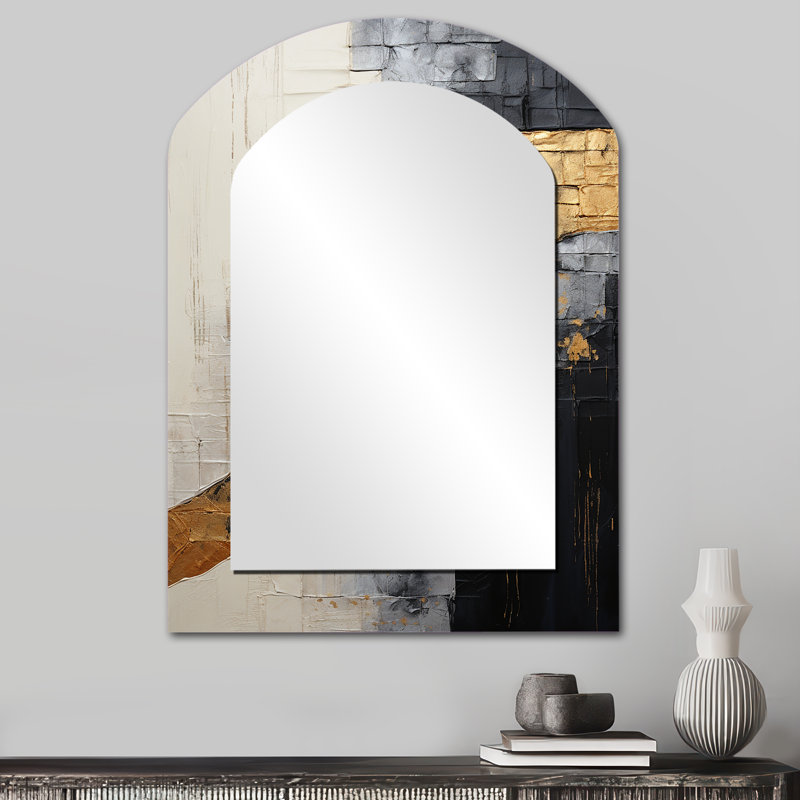 Gray Gold Minimalism Poteries - Abstract Spirals Asymmetrical Mirror, Grey Arch Unique Wall Mirror, Printed Metal Art
