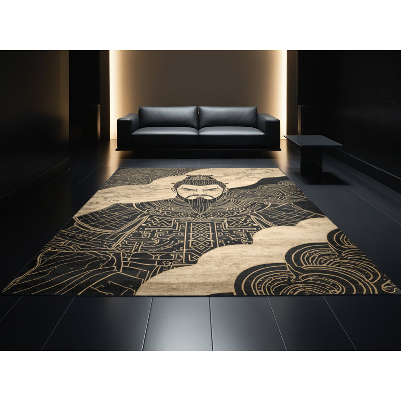 Soft Plush Dunton Genghis Khan Classic Oriental Area Rug in Black – Black Binding, 6x9