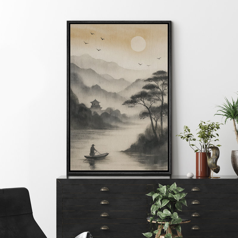 «Serene Mountain River with Boatman and Rising Sun», reproduction d'art sur toile encadrée, H 24 po x l 16 po x P 1,5 po