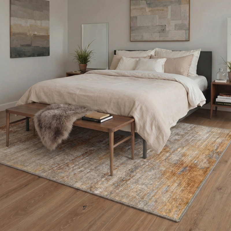 Modern Abstract Distressed Machine Washable Ochre Gray Area Rug with Non-Slip Backing, Ochre/Gray, Rectangle 6' x 9'