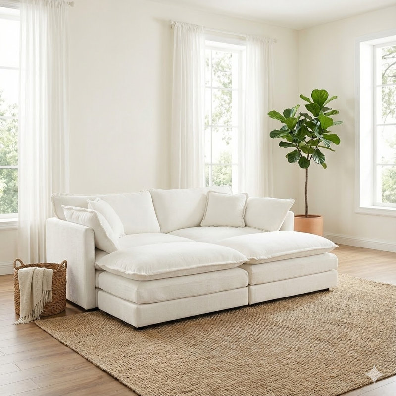 Comfy Modular Coush Loveseat Sofa With 2 Ottoman, White