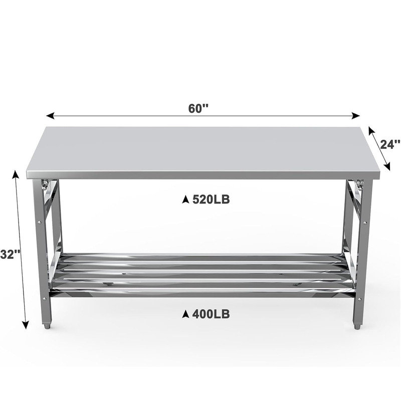 Table de préparation pliante 60 po x 24 po en acier inoxydable avec tablette réglable, établi NSF pour la cuisine, l'hôtel, la maison et l'extérieur